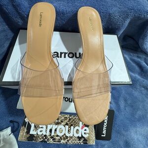 Larroude Clear and Tan Slide Sandals